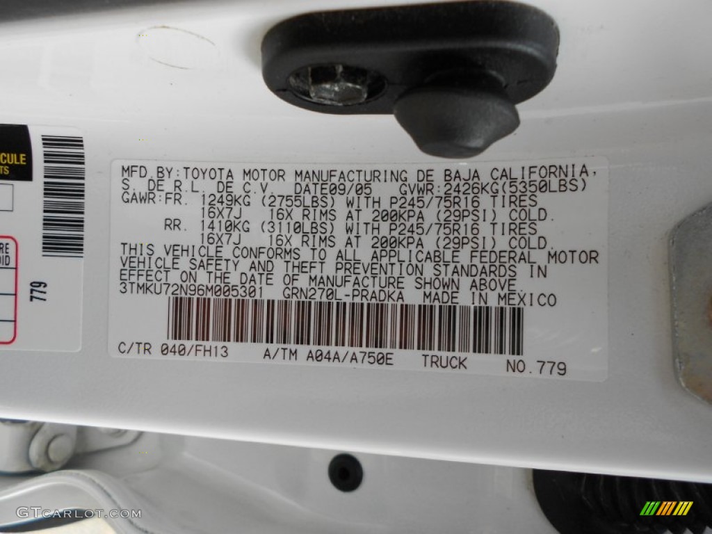 2006 Toyota Tacoma V6 PreRunner Double Cab Color Code Photos