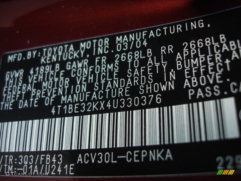2004 Camry Color Code 3Q3 for Salsa Red Pearl Photo #62562175