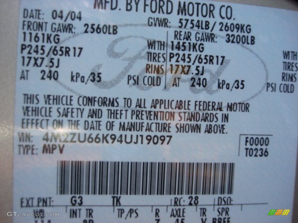 2004 Mercury Mountaineer Convenience Color Code Photos