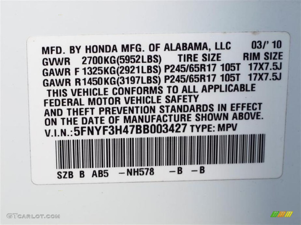 2011 Pilot Color Code NH578 for Taffeta White Photo #62567441