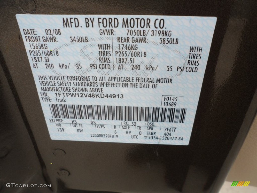 2008 Ford F150 King Ranch SuperCrew Color Code Photos