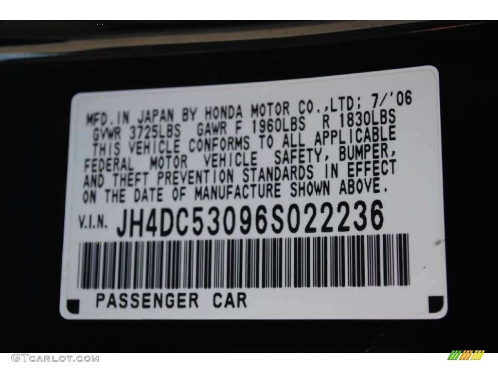 2006 Acura RSX Type S Sports Coupe Info Tag Photo #62578144