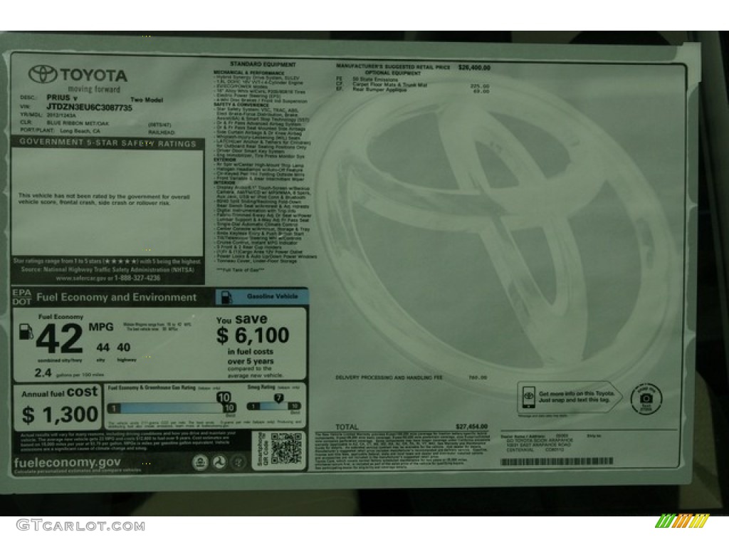 2012 Toyota Prius v Two Hybrid Window Sticker Photo #62582548