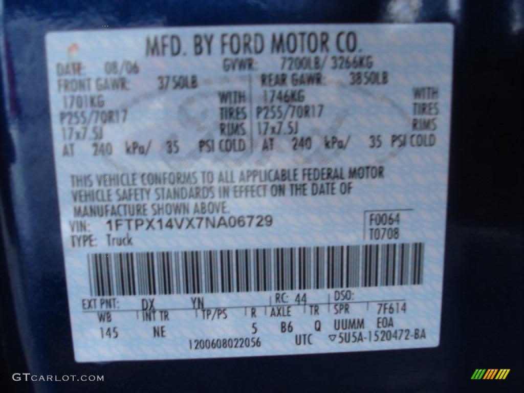 2007 F150 Color Code DX for Dark Blue Pearl Metallic Photo #62594682