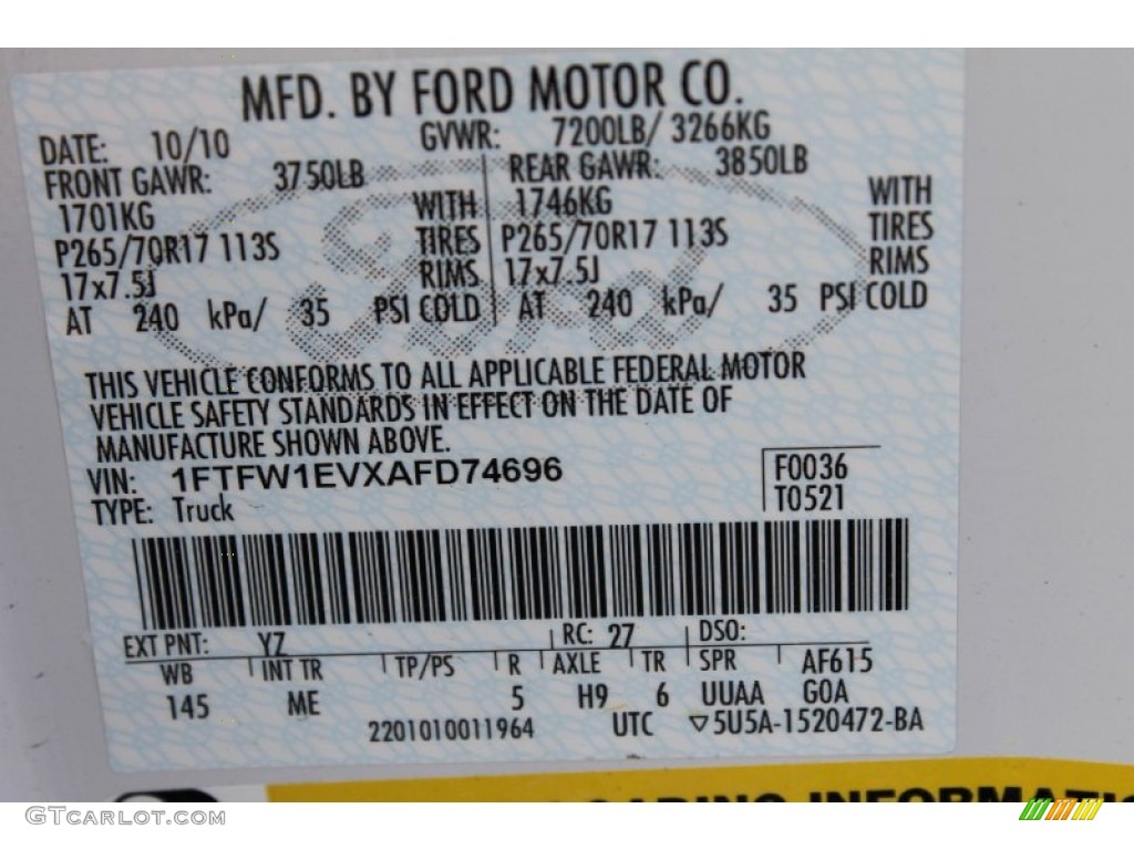 2010 F150 Color Code YZ for Oxford White Photo #62603576