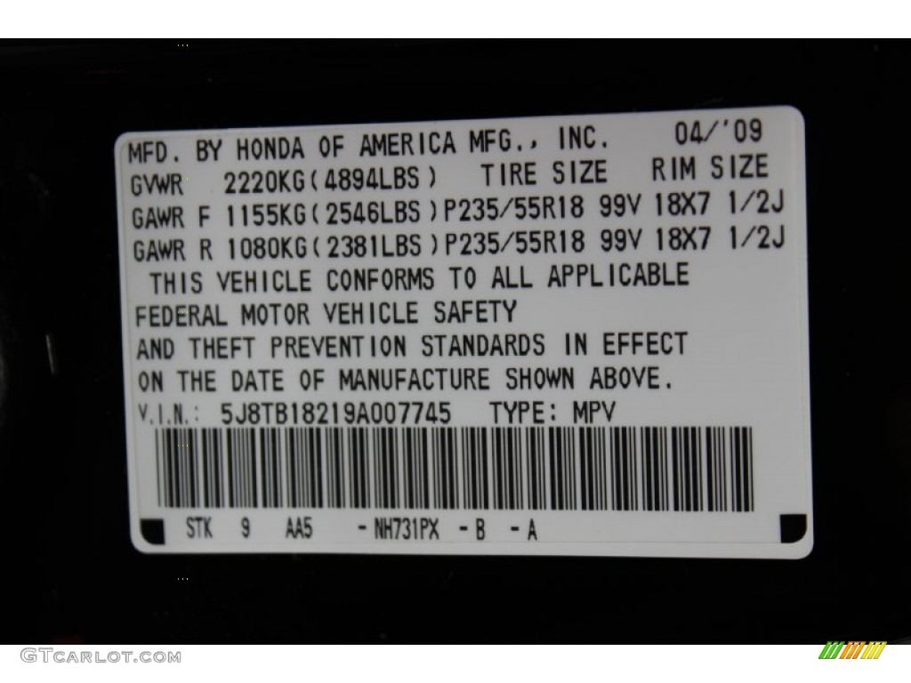 2009 RDX Color Code NH731PX for Crystal Black Pearl Photo #62605802