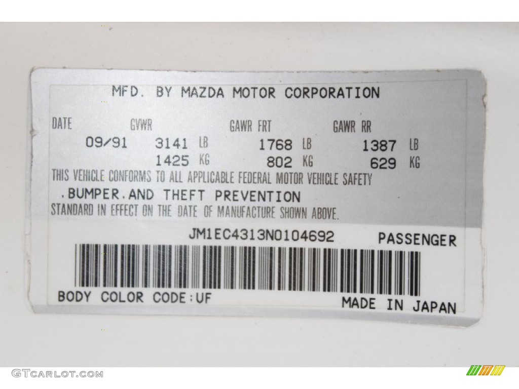 1992 MX-3 Color Code UF for Clear White Photo #62607479