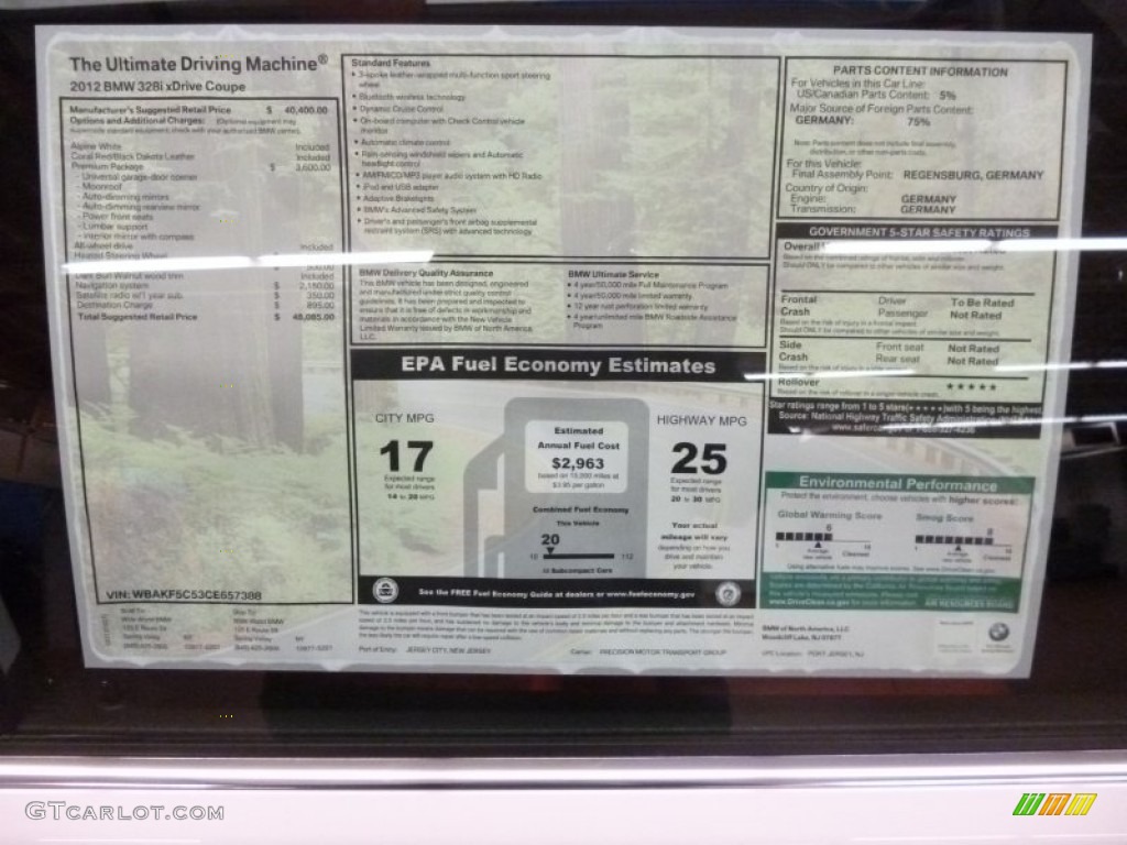 2012 BMW 3 Series 328i xDrive Coupe Window Sticker Photo #62614042