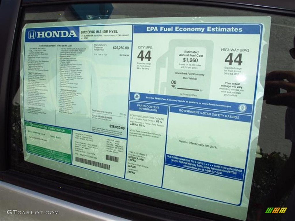 2012 Honda Civic Hybrid-L Sedan Window Sticker Photo #62622722