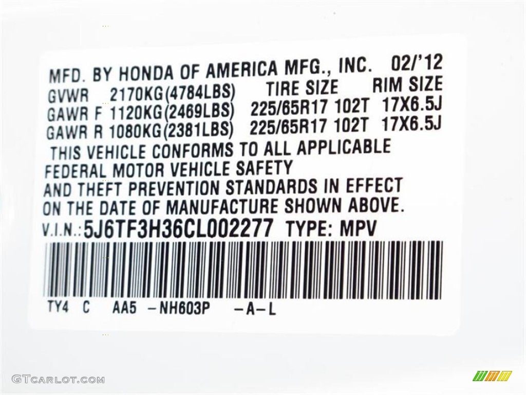 2012 Accord Color Code NH603P for White Diamond Pearl Photo #62623280