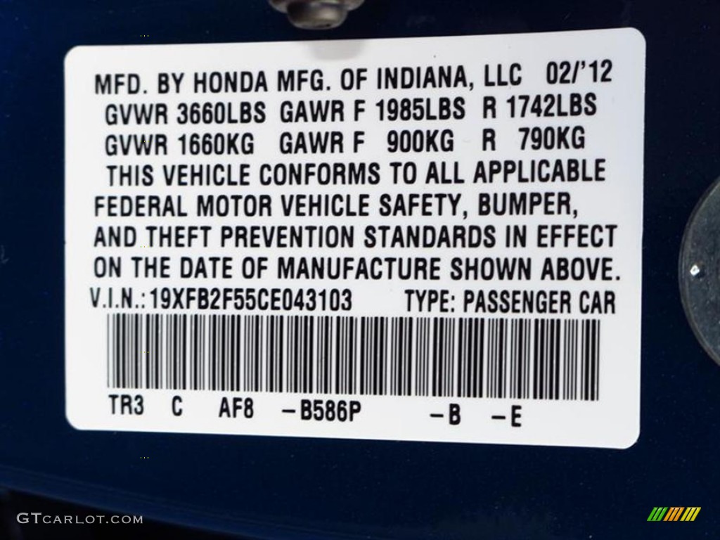 2012 Civic Color Code B586P for Dyno Blue Pearl Photo #62624027