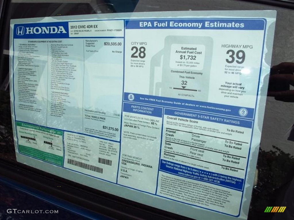 2012 Honda Civic EX Sedan Window Sticker Photo #62624117