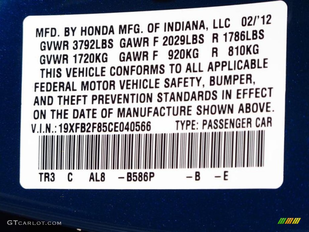 2012 Civic Color Code B586P for Dyno Blue Pearl Photo #62624126