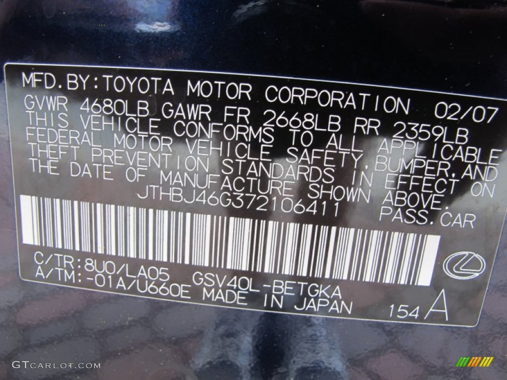2007 ES Color Code 8U0 for Black Sapphire Pearl Photo #62627967