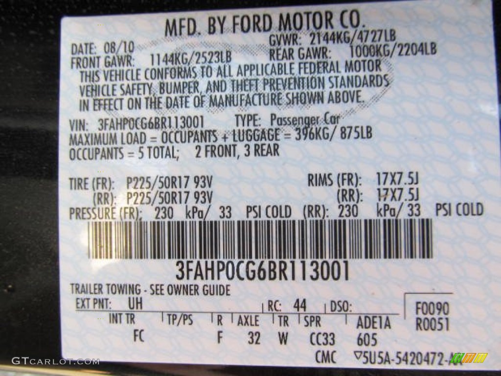 2011 Ford Fusion SEL V6 AWD Color Code Photos