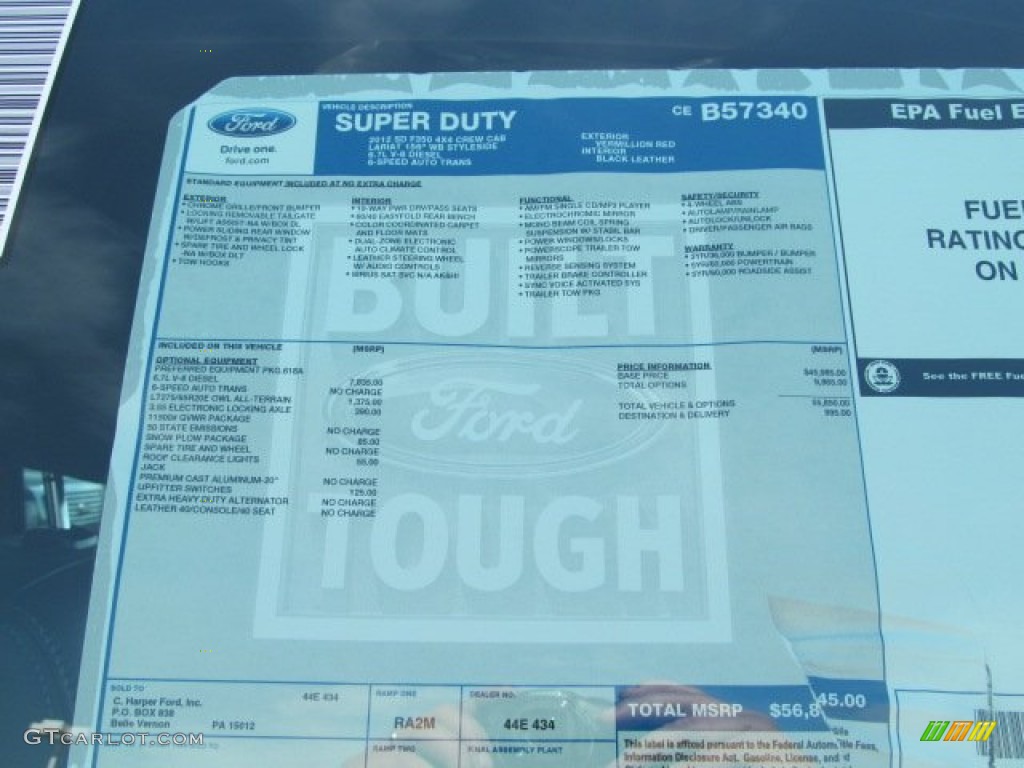 2012 Ford F350 Super Duty Lariat Crew Cab 4x4 Window Sticker Photo #62645702