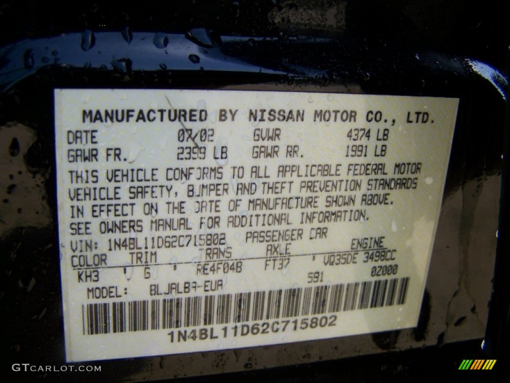 2002 Nissan Altima 3.5 SE Color Code Photos