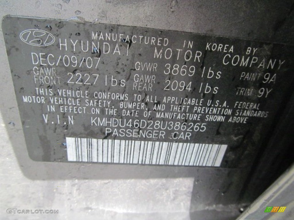 2008 Elantra Color Code 9A for Carbon Gray Metallic Photo #62670680
