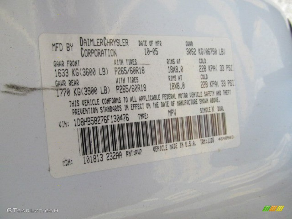 2006 Durango Color Code PW7 for Bright White Photo #62670863