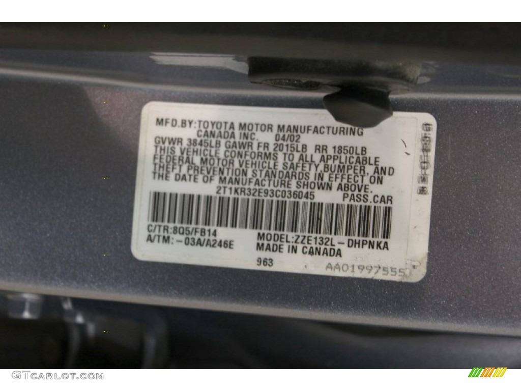 2003 Toyota Matrix XR Color Code Photos