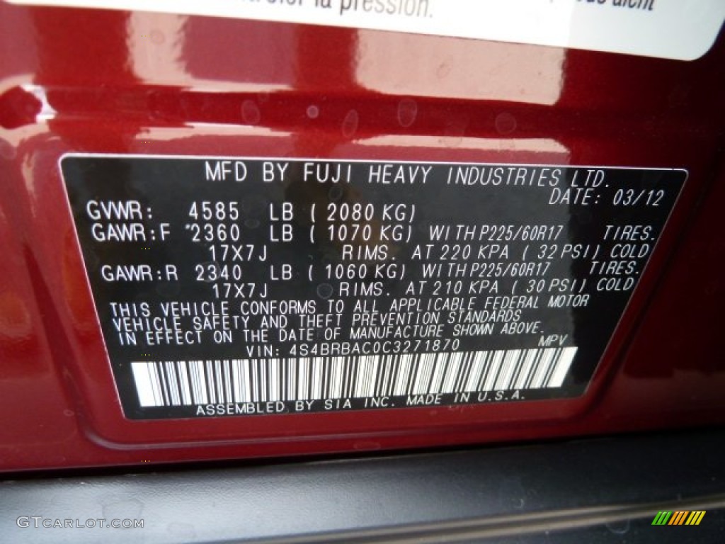 2012 Outback 2.5i - Ruby Red Pearl / Off Black photo #12