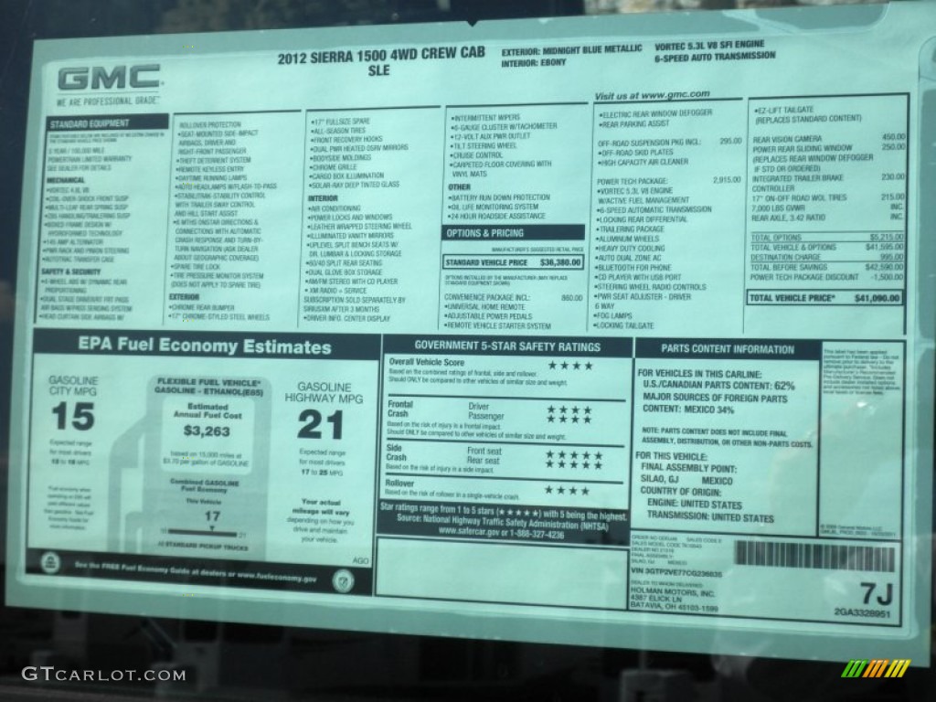 2012 GMC Sierra 1500 SLE Crew Cab 4x4 Window Sticker Photos