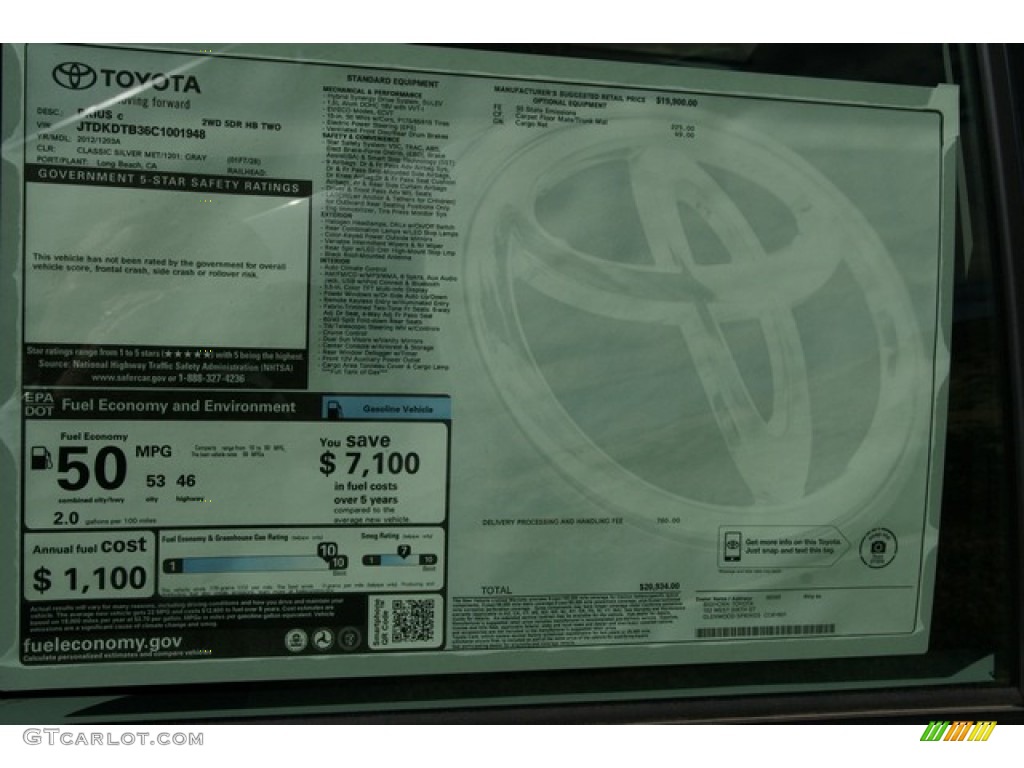 2012 Toyota Prius c Hybrid Two Window Sticker Photo #62699405