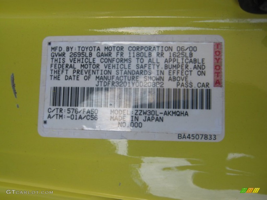 2000 MR2 Spyder Color Code 576 for Solar Yellow Photo #62701121