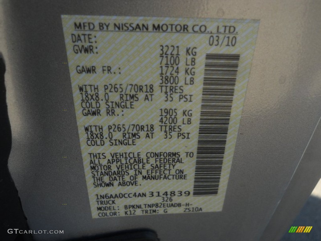2010 Titan Color Code K12 for Radiant Silver Photo #62707025