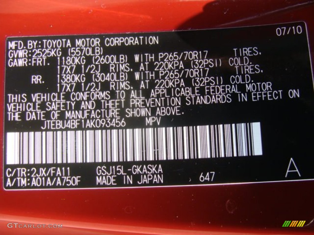 2010 FJ Cruiser Color Code 2JX for Brick Red Photo #62716021