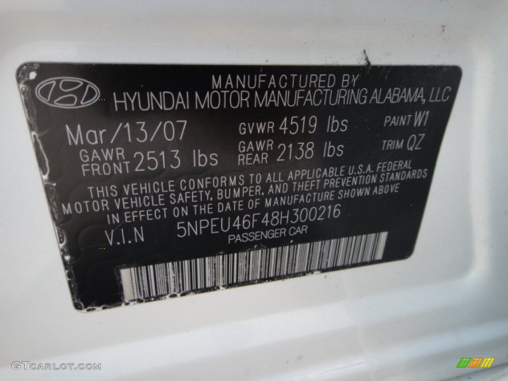 2008 Sonata Color Code W1 for Powder White Pearl Photo #62718094