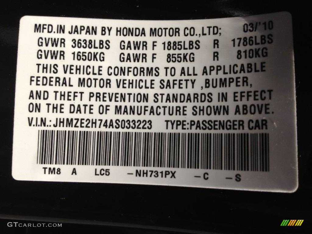 2010 Insight Color Code NH731PX for Crystal Black Pearl Photo #62725057