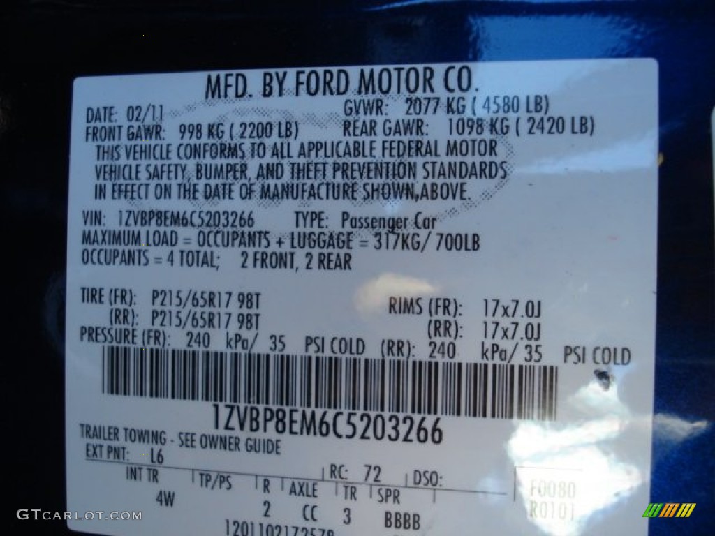 2012 Mustang Color Code L6 for Kona Blue Metallic Photo #62728735
