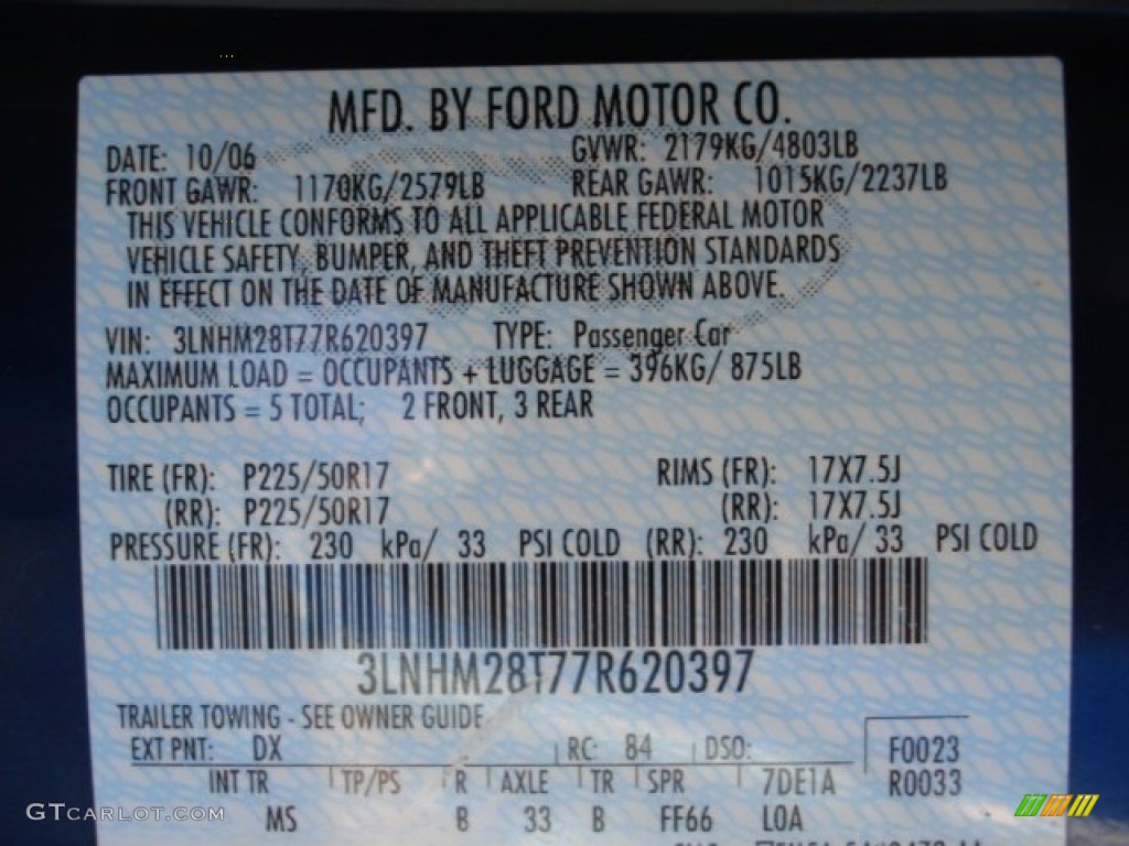 2007 MKZ Color Code DX for Dark Blue Pearl Metallic Photo #62728951