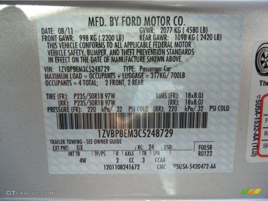 2012 Mustang Color Code UX for Ingot Silver Metallic Photo #62730760