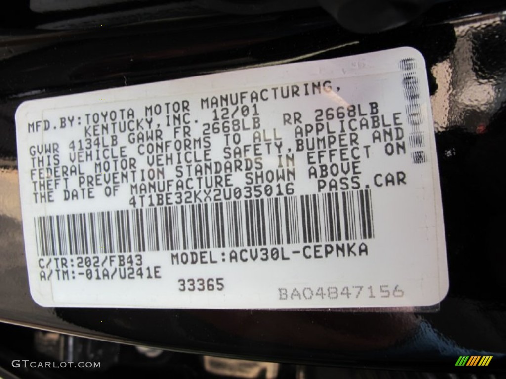 2002 Camry Color Code 202 for Black Photo #62731312