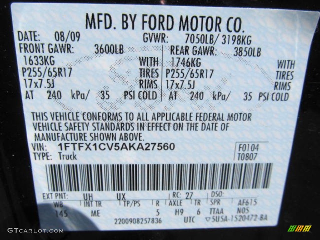 2010 Ford F150 XLT SuperCab Color Code Photos