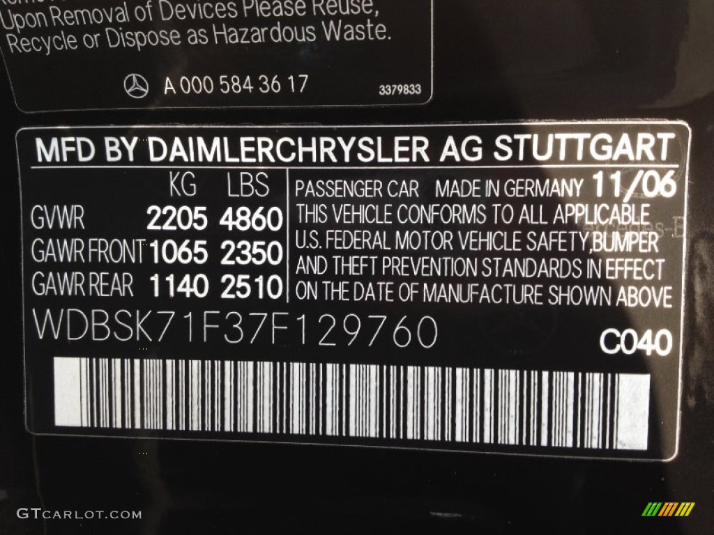 2007 SL Color Code 040 for Black Photo #62737924