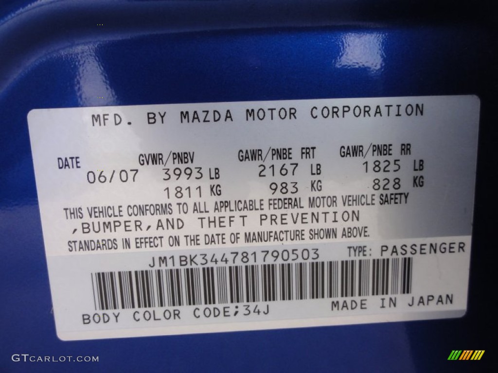 2008 MAZDA3 Color Code 34J for Aurora Blue Mica Photo #62740384