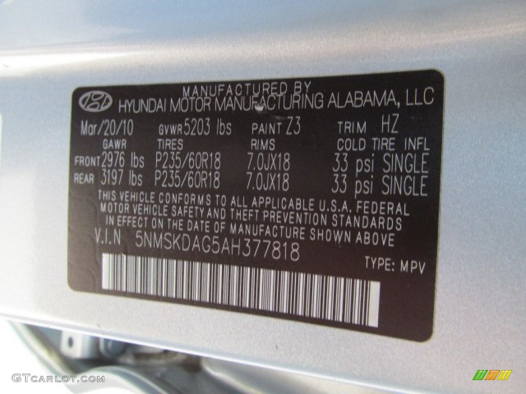 2010 Hyundai Santa Fe Limited 4WD Color Code Photos