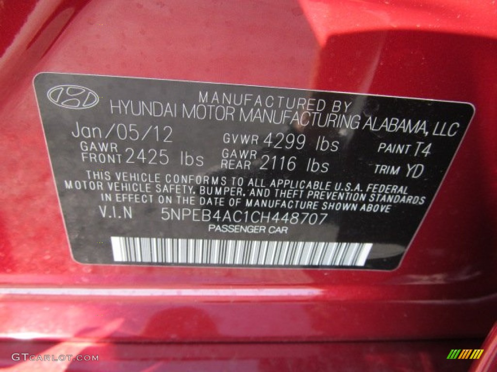 2012 Sonata Color Code T4 for Sparkling Ruby Red Photo #62747731