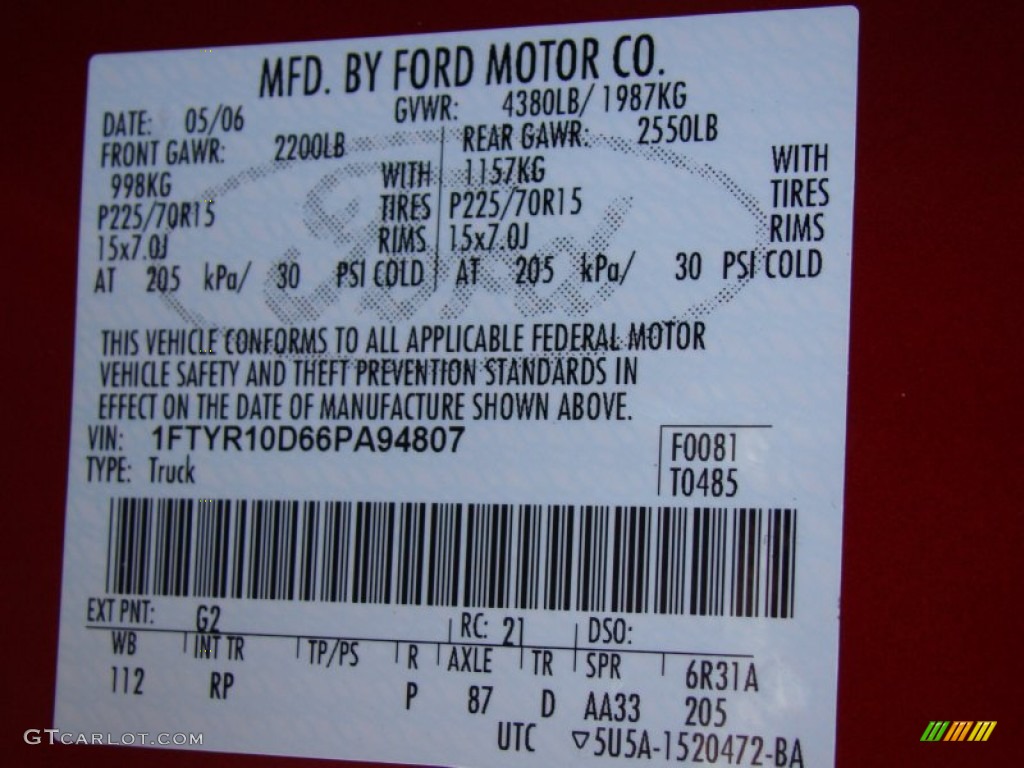 2006 Ford Ranger XLT Regular Cab Color Code Photos