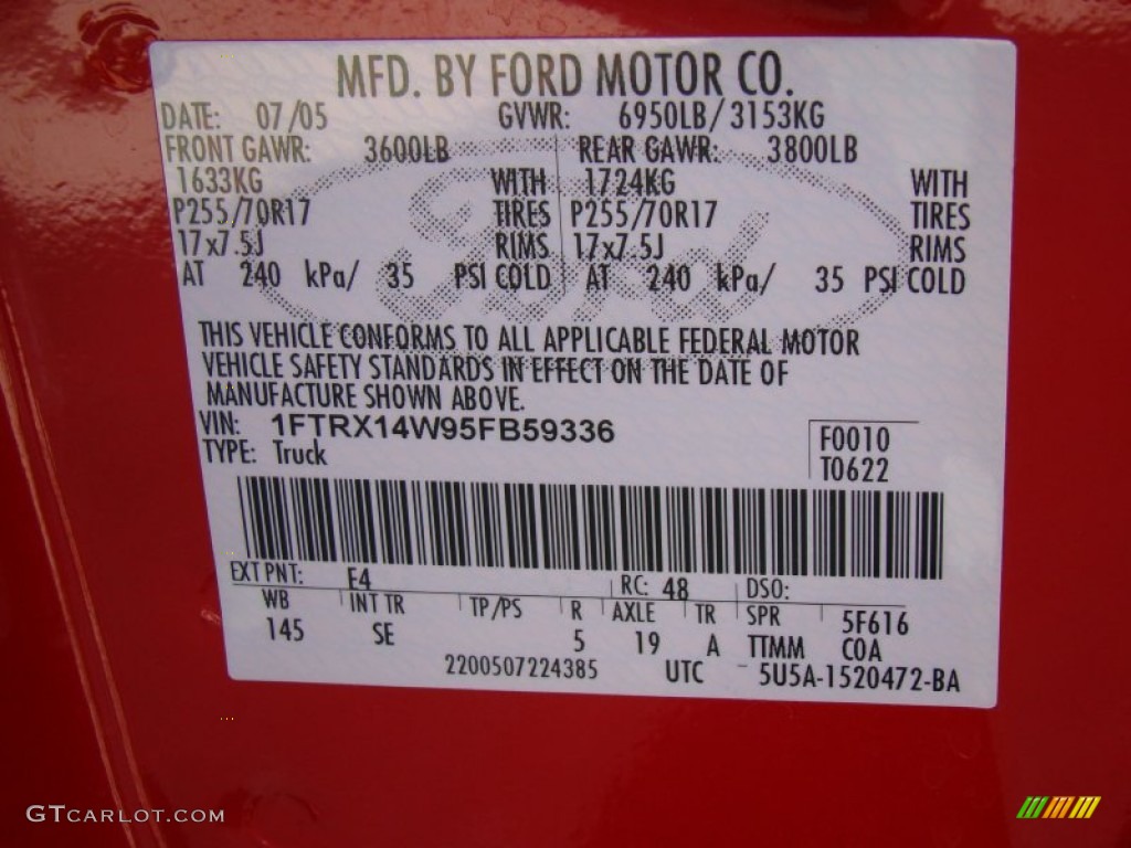 2005 Ford F150 STX SuperCab 4x4 Color Code Photos