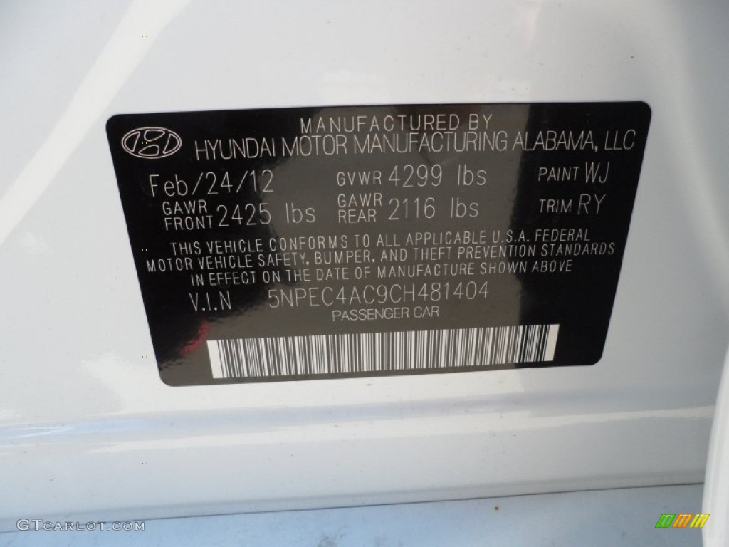2012 Sonata Color Code WJ for Shimmering White Photo #62753914