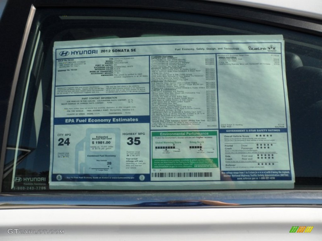 2012 Hyundai Sonata SE Window Sticker Photo #62753917