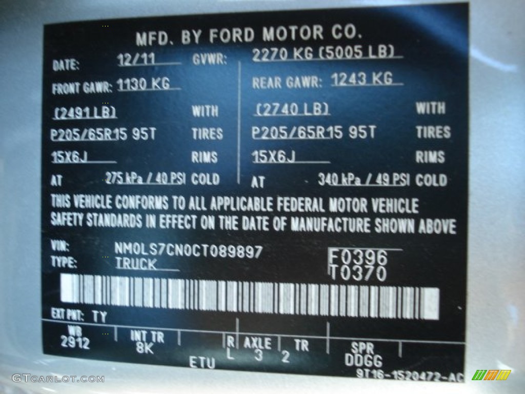 2012 Transit Connect Color Code TY for Silver Metallic Photo #62755726