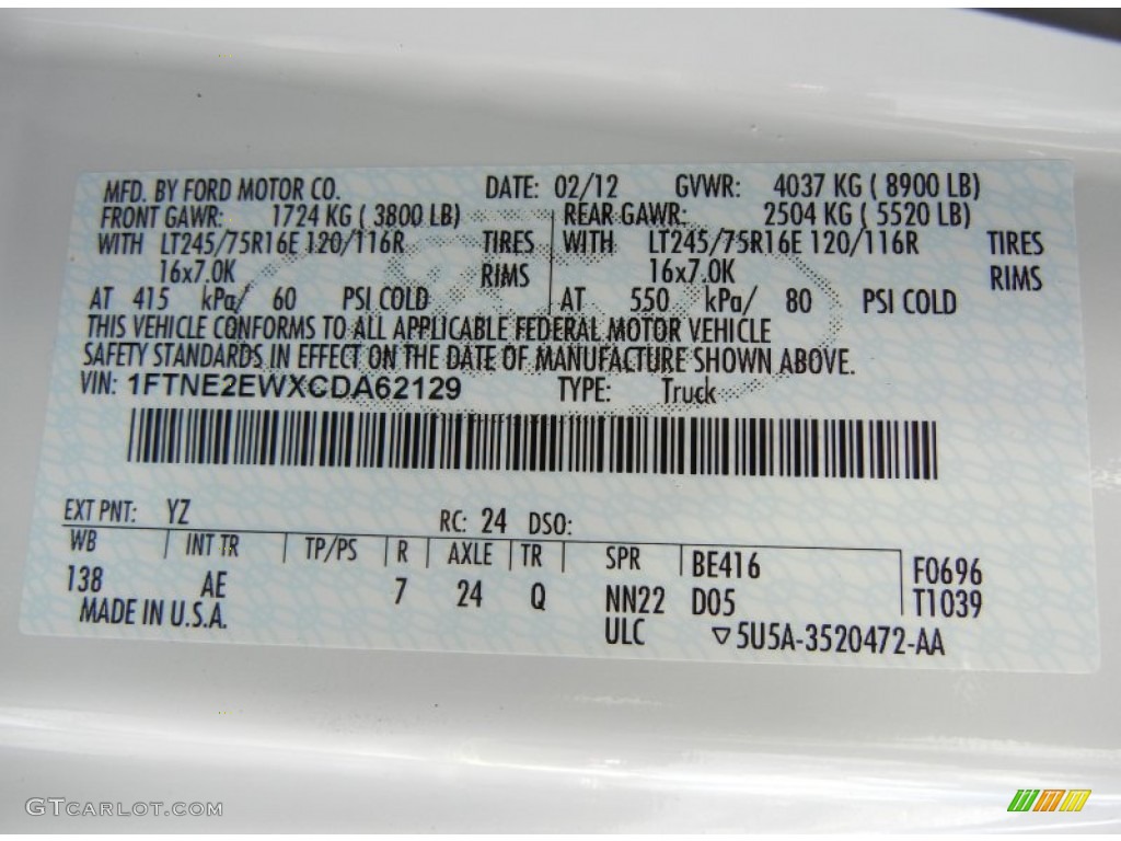 2012 Ford E Series Van E250 Cargo Color Code Photos