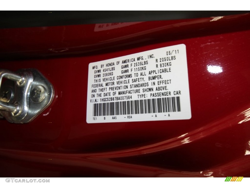 2011 Accord Color Code R94 for San Marino Red Photo #62780130
