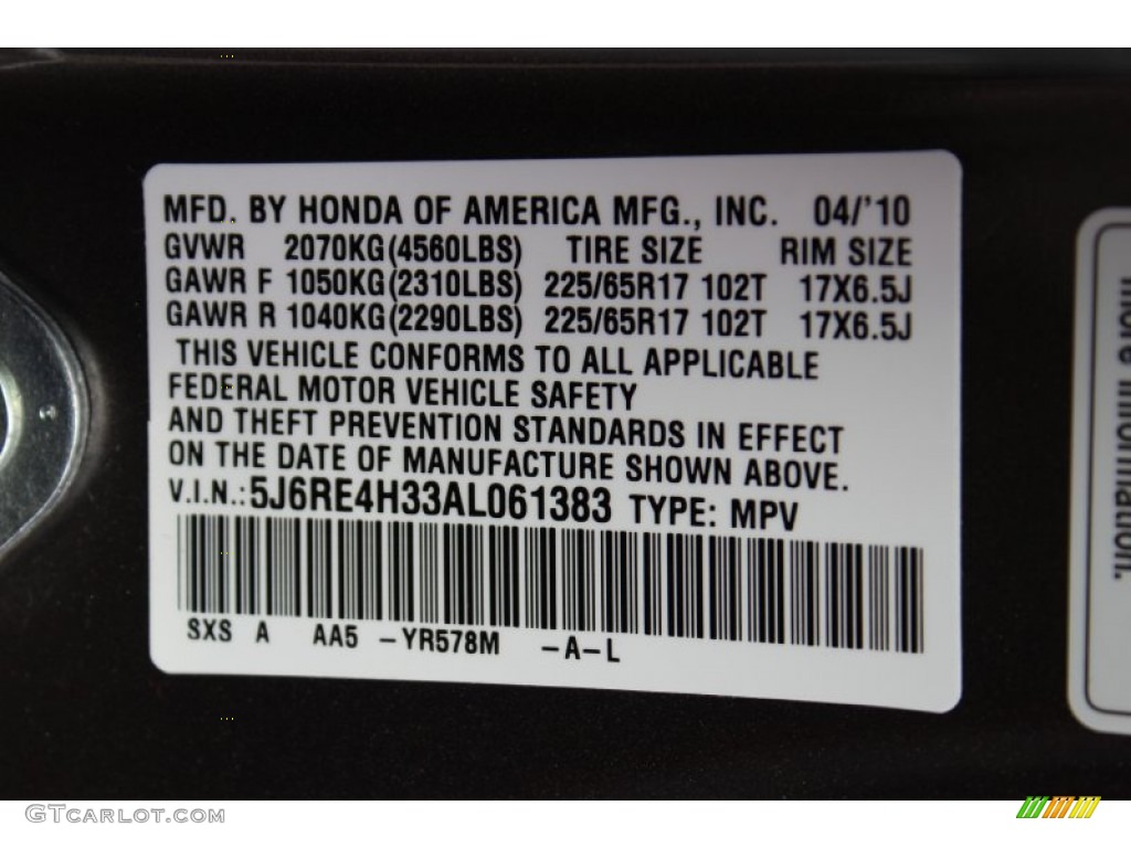 2010 Honda CR-V LX AWD Color Code Photos