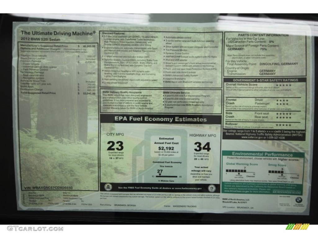 2012 BMW 5 Series 528i Sedan Window Sticker Photo #62786649